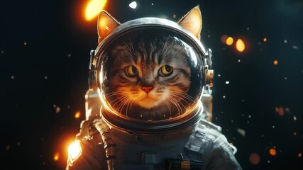 Wall Mural - a cat wearing an astronaut helmet floats in a colorful cosmic environment. stars and glowing particl
