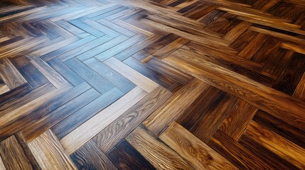 Wall Mural - Herringbone hardwood floor pattern, rich dark brown and lighter wood tones.