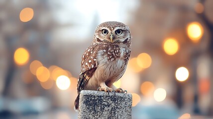 Wall Mural - Little owl perched, city bokeh background, night, wildlife