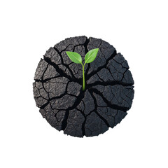 Wall Mural - A small green plant emerges from a cracked, dry surface, symbolizing resilience and growth in harsh conditions, Transparent Background.