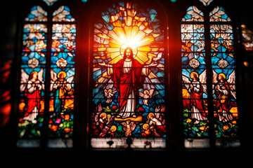 Wall Mural - Stained-Glass Window Depicting Jesus Christ with Flanking Angels