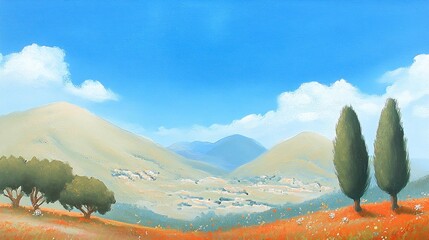 Wall Mural - Idyllic summer landscape painting of rolling hills, wildflowers, cypress trees, and a distant village under a vibrant blue sky.