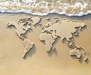 world map etched into sand on a beach with gentle ocean waves nearby.