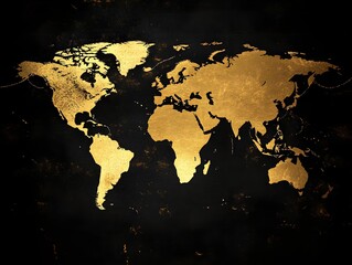 world map depicted with golden lines on a sleek black background, luxury theme.