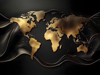 world map depicted with golden lines on a sleek black background, luxury theme.