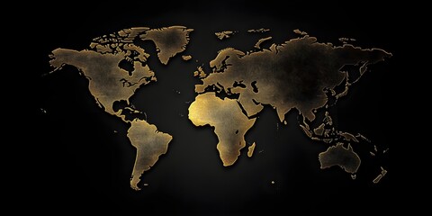 world map depicted with golden lines on a sleek black background, luxury theme.