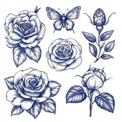 A design set of vintage floral sketches, featuring fairytale forest elements and hand-drawn botanical lines in indigo