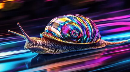 Wall Mural - Iridescent snail shell gliding on vibrant neon surface.