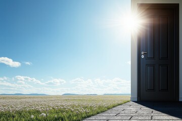 Abstract door opening to freedom on a sunny grassy field under a bright sky