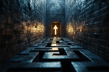 discovering the path through the labyrinth with an arrow guiding to the exit on a blue background in