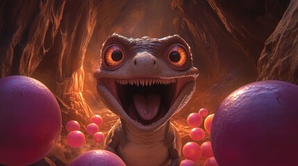 Poster - Joyful cartoon lizard in cave with pink spheres.