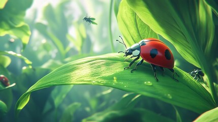 Poster - Ladybug on vibrant green leaf with dew drops, other insects nearby, sunlit scene.