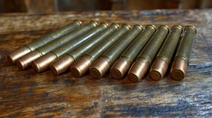 Wall Mural - Ammunition, wooden table, brass, cartridges, hunting, background, blurry, inventory