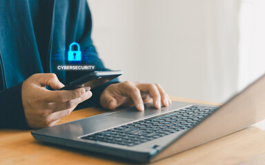 Aufkleber - Asian businessman using smart mobile phone to access on smartphone for validate password for biometric two steps authentication to unlock cybersecurity. Business Technology Cyber Security Concept.