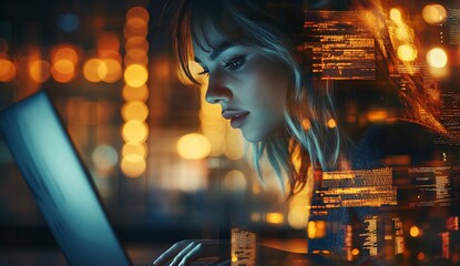 Woman programmer coding on laptop at night.