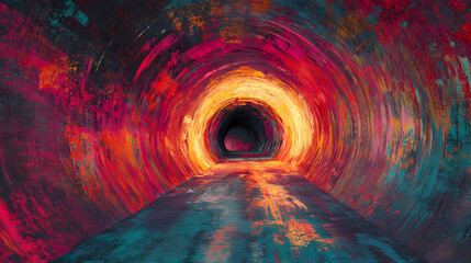 Wall Mural - abstract view of a colorful tunnel with dynamic light patterns swirling around a path. luminous path