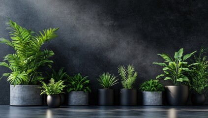 Wall Mural - Sunlit indoor plants in various pots against a dark wall.