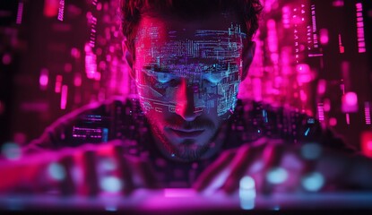 Focused man working on computer with futuristic overlay.