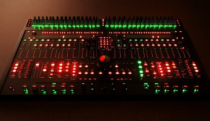 Professional audio mixing console with illuminated buttons and knobs.