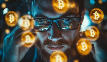 Focused man with Bitcoin symbols surrounding him, reflecting code in his glasses.