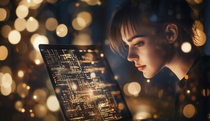 Woman programmer coding on laptop at night, illuminated by warm lights.