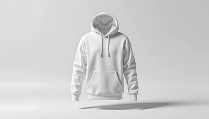 Minimal white hoodie displayed on a neutral gray background