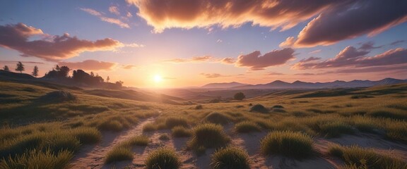 Wall Mural - A serene landscape with a vast blue sky and thin wispy clouds at sunset, calmness, gentle fading light