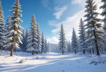 Wall Mural - A serene winter wonderland featuring tall pine trees covered in a thick blanket of powdery white snow and a bright blue sky above , wintery scene, serenity