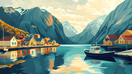 Wall Mural - Serene fjord village a tranquil illustration of a quaint fishing village nestled amongst majestic mountains, with a small boat gently resting in the calm waters. Majestic Fjord. Illustration