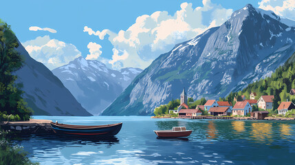 Wall Mural - Serene fjord village a tranquil illustration of a quaint fishing village nestled amongst majestic mountains, with a small boat gently resting in the calm waters. Majestic Fjord. Illustration