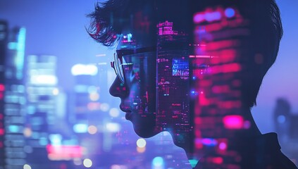 Person silhouette with city and digital data overlay.