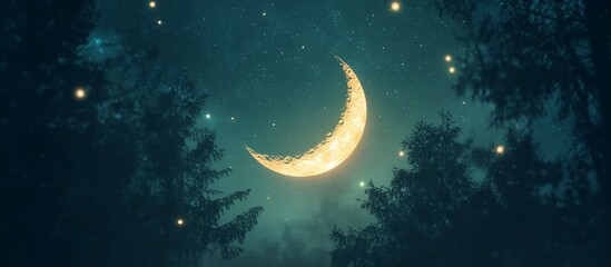 Wall Mural - crescent moon glowing brightly in a dark night sky above a forest.