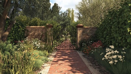 Poster - Sunlit garden path leads to wrought iron gate.