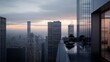© VK Studio - A cityscape at sunset, skyscrapers looming in a serene twilight, reflecting a soft, ambient glow, creating a tranquil urban panorama.