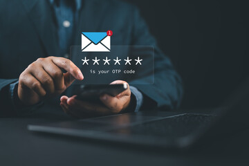 Leinwandbilder - Man receiving an OTP code through a message on their smartphone, ready to use for secure login. cyber security, data protection and secured internet access.