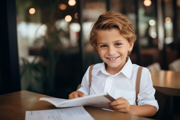 Wall Mural - Cute little boy is reading a book and smiling while sitting in cafe