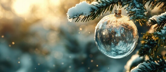 Wall Mural - close-up of christmas tree with snow-covered branches and a glass ornament in winter sunlight with b