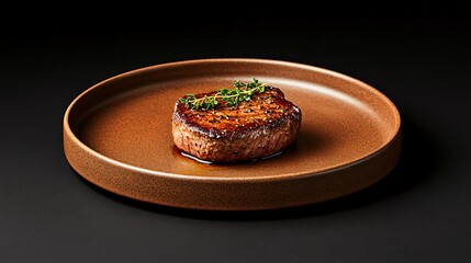 Seared Steak on Rustic Plate: A perfectly seared steak, glistening with pan juices, rests elegantly on a rustic brown plate.  The sprig of thyme adds a touch of culinary sophistication. 