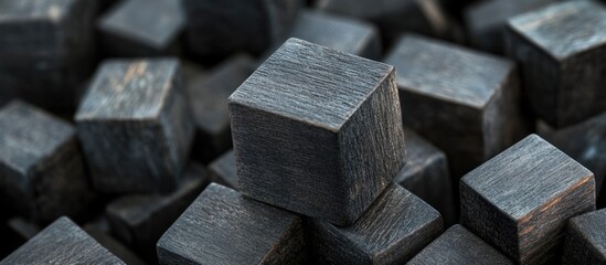 Canvas Print - close-up of dark wooden cubes stacked in random arrangement with textured surfaces suitable for back