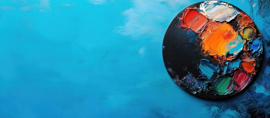 Sticker - colorful abstract painting with circular palette on blue background and ample copy space for design 