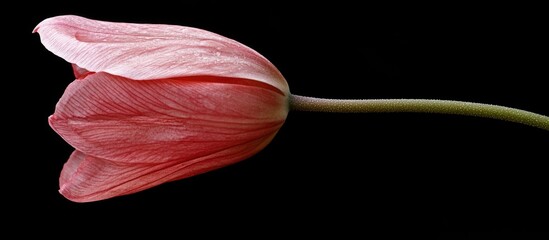 Poster - pink tulip flower on black background with copy space for text. detailed petals and stem arrangement