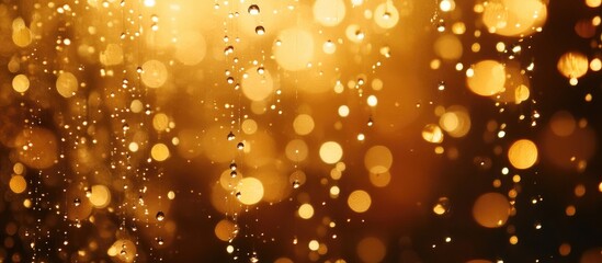 Wall Mural - gold bokeh background with water droplets creating a textured effect and copy space for text placeme