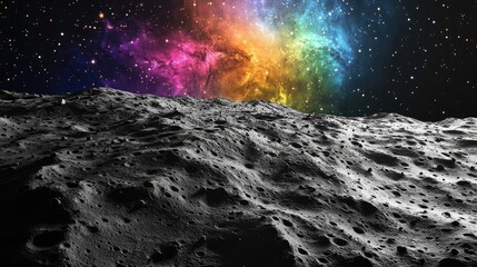 Wall Mural - Colorful Nebula Over Textured Lunar Surface with Stars in Background and Copy Space