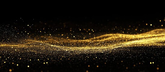 Wall Mural - golden particles flowing in waves on a dark background with copy space for text or design elements