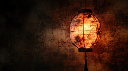 Wall Mural - vintage chinese lantern glowing against a textured dark background with warm lighting and copy space