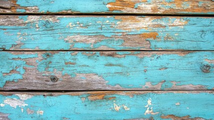 Weathered turquoise wooden planks with peeling paint texture suitable for background design and Copy Space for text placement.