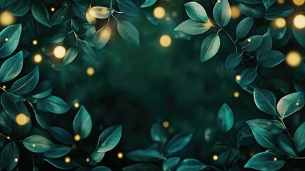 Wall Mural - green foliage background with bokeh lights and copy space for text or design elements. ideal for nat