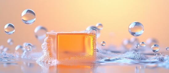 Canvas Print - soap bubble with water droplets forming around a transparent orange soap cube on a soft gradient bac