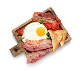 Wall Mural - Board with tasty fried egg, tomatoes, toasts and bacon on white background. Top view