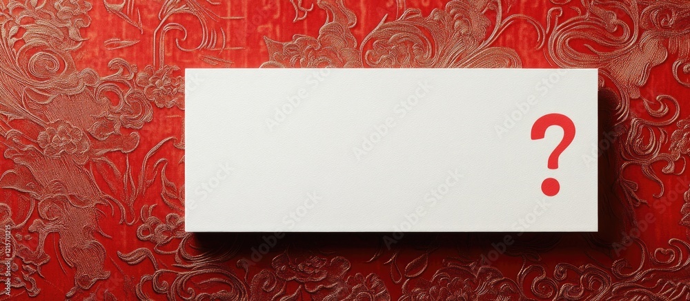 Blank rectangular card on ornate red background with question mark and ...